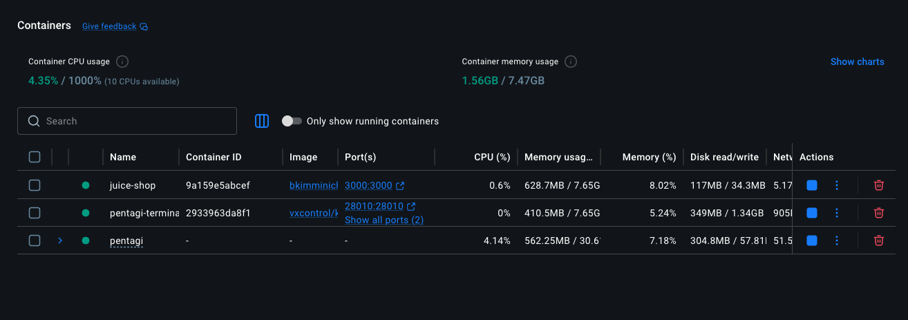 Docker Desktop showing Juice Shop and PentAGI containers running